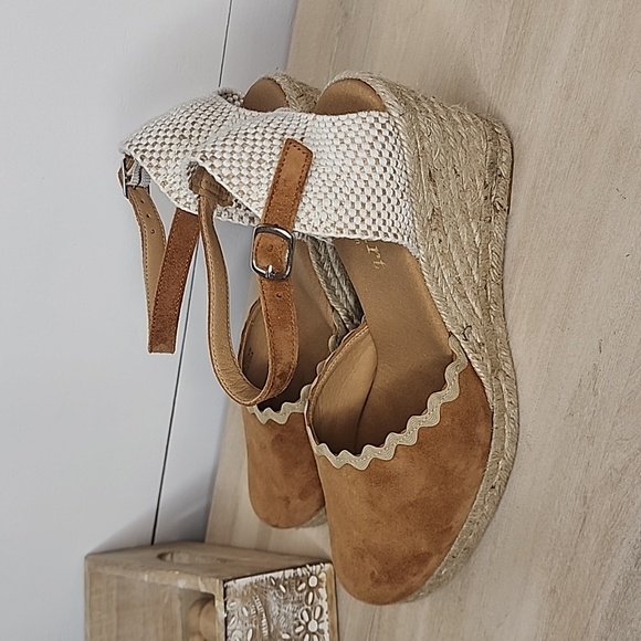Paseart Suede Espadrille Wedges Cognac Brown 7 - Picture 3 of 9